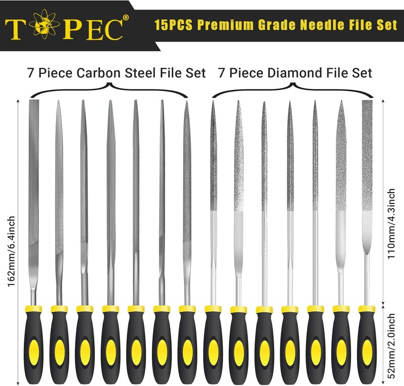 Topec Small File Set, Needle Diamond Files 15PCS, 7pcs Jewlers Files & 7pcs Steel Files with Metal Brush and Storage Bag，for Precision Metal File Work, Wood, Jewelry, Plastic, DIY Carving Tool Kit - Image 2